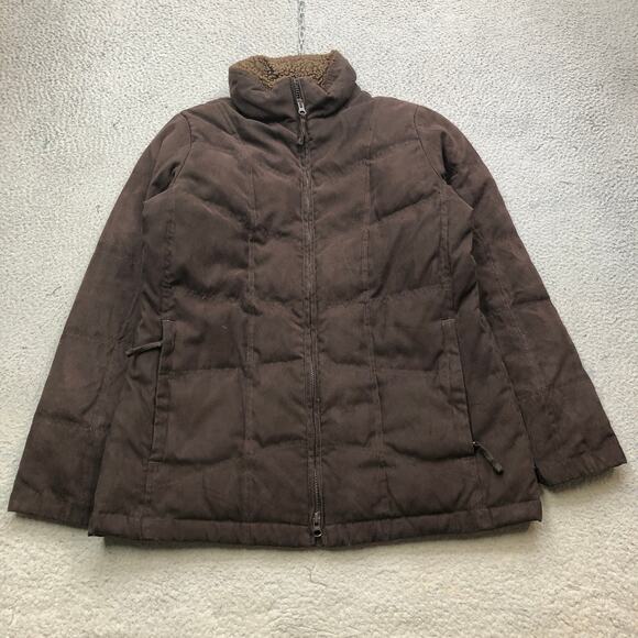 LL Bean Faux Suede Goose Down Puffer Jacket Womens Medium Quilted Brown - Picture 1 of 9